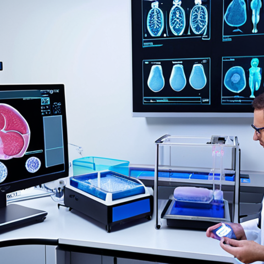 **Personalized Medicine through Bioprinting**: 
   Create an image depicting a futuristic medical laboratory where a doctor is using a bioprinter to create customized tissues and organs. The scene should highlight advanced technology, with screens displaying patient data and 3D models of human organs being printed.