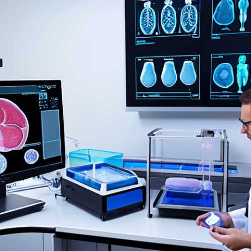 Home 7 **Personalized Medicine through Bioprinting**:
Create an image depicting a futuristic medical laboratory where a doctor is using a bioprinter to create customized tissues and organs. The scene should highlight advanced technology, with screens displaying patient data and 3D models of human organs being printed.