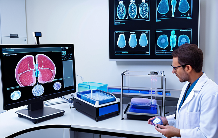 **Personalized Medicine through Bioprinting**:
Create an image depicting a futuristic medical laboratory where a doctor is using a bioprinter to create customized tissues and organs. The scene should highlight advanced technology, with screens displaying patient data and 3D models of human organs being printed.